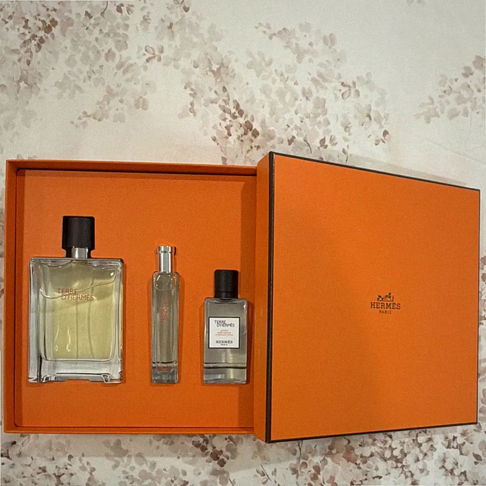 HERMÈS Terre d'Hermès Fragrance Gift Set with Three Bottles in Orange Box